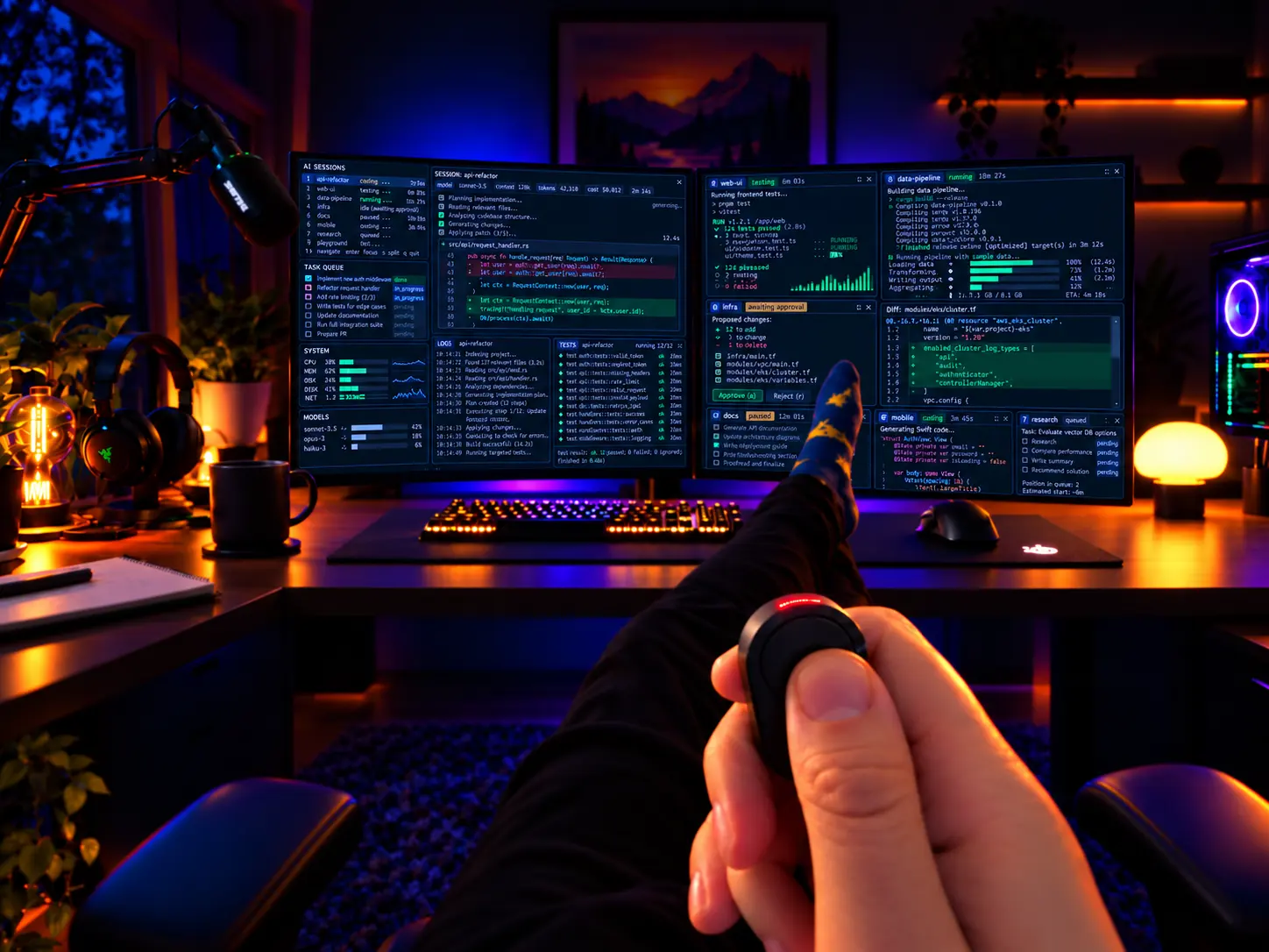 Reclining at a neon-lit coding desk, holding Flic Cue while multiple AI agent sessions run on the monitors.