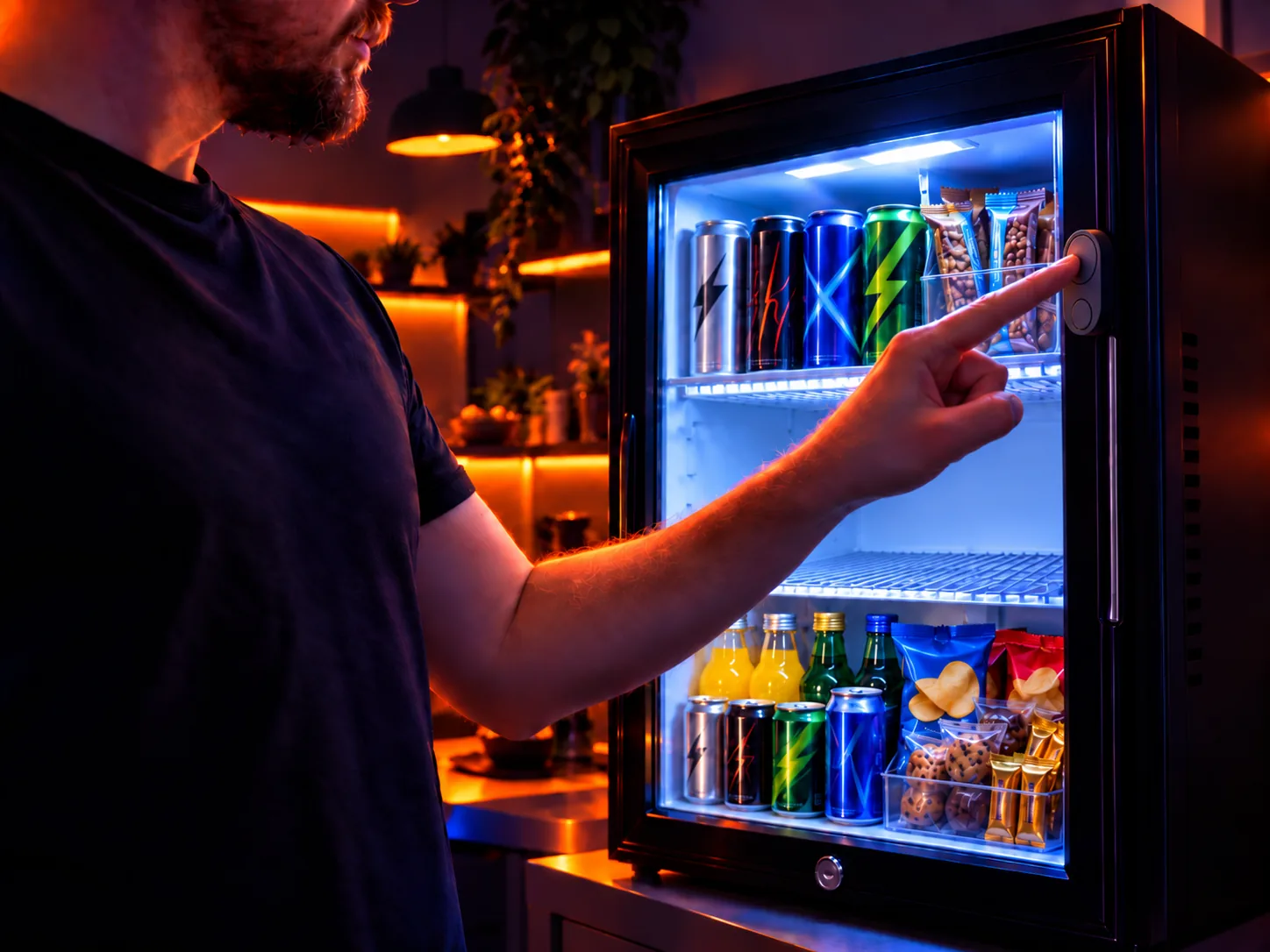 A person pressing Flic Cue mounted beside the door of an illuminated minibar.