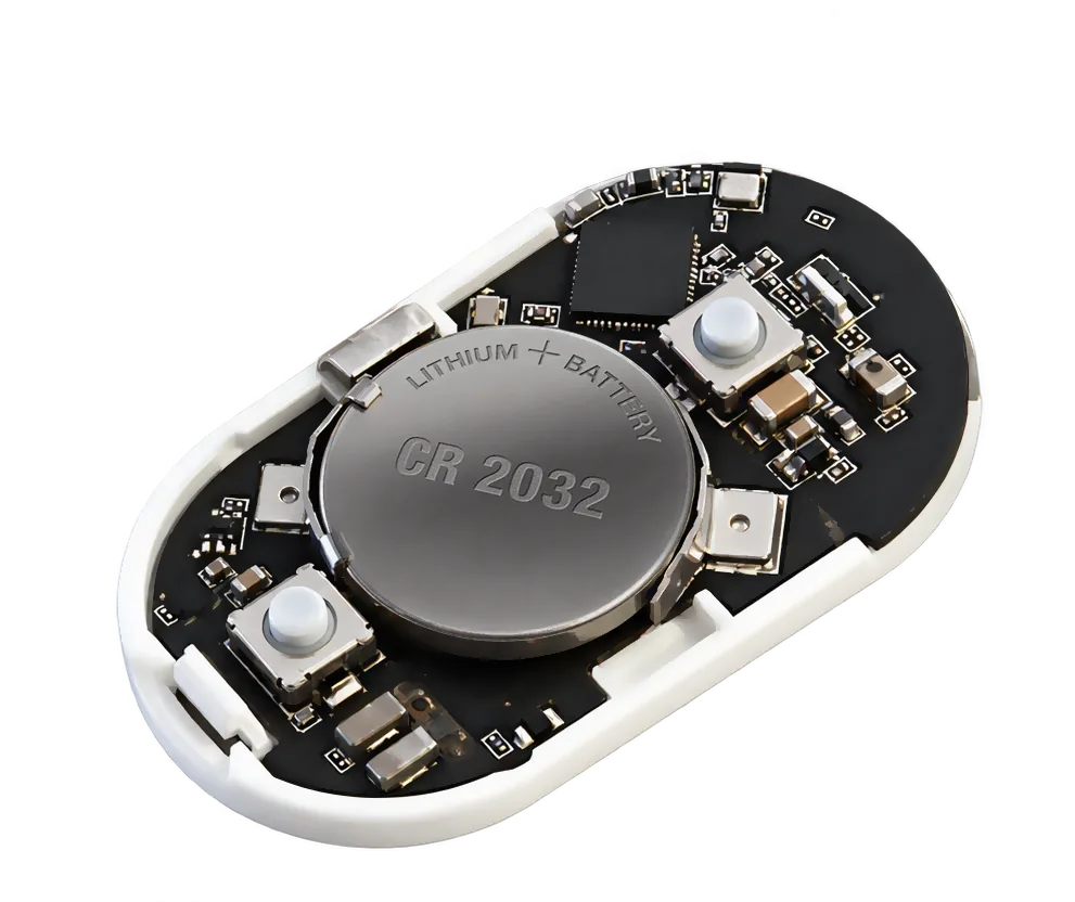 Inside Flic Cue: exposed circuit board, battery and tactile switches.