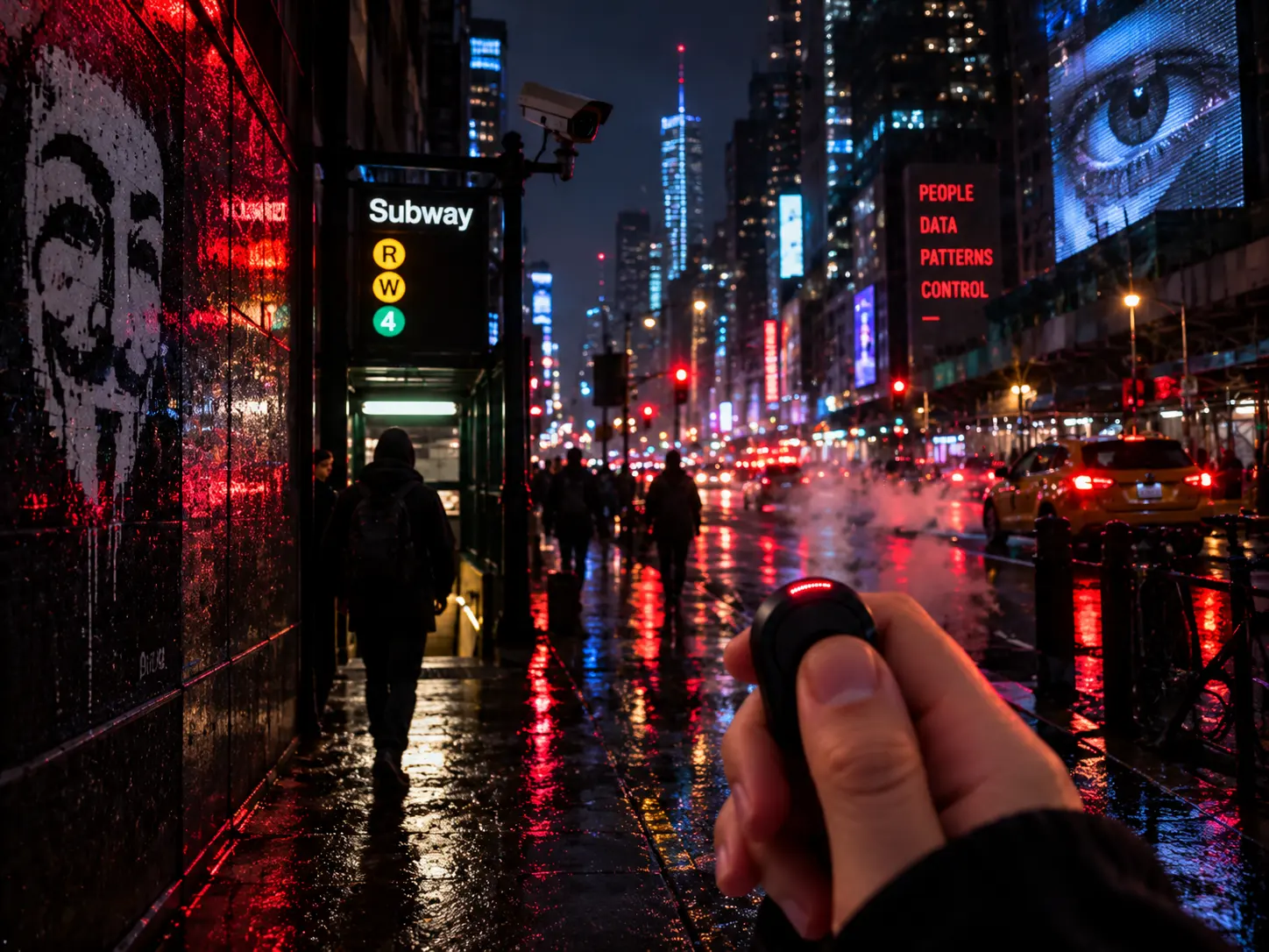 Holding Flic Cue on a rainy, neon-lit city street beside a subway entrance.