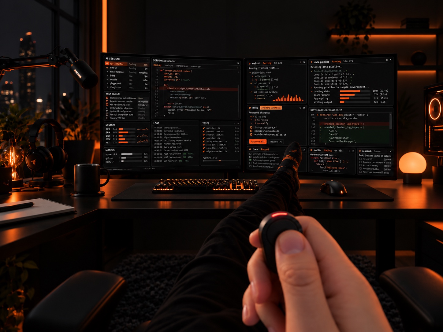 Relaxing with Flic Cue while reviewing several AI agent sessions on a large desktop display.