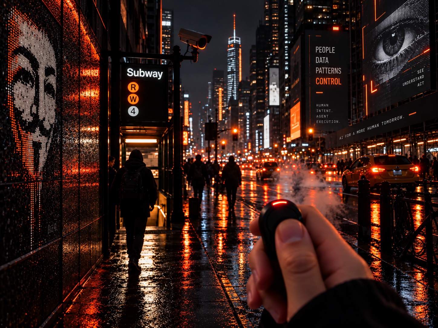 Holding Flic Cue on a rain-soaked city street at night.