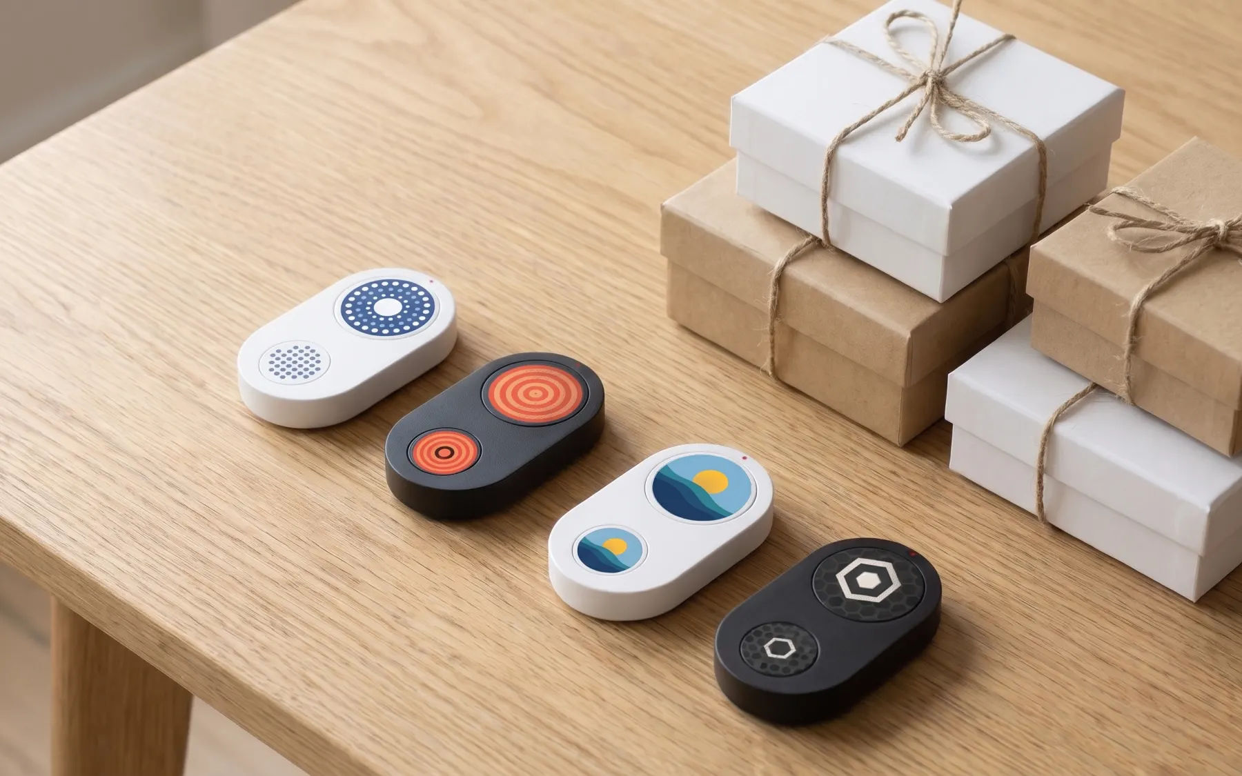 Four Flic Cues with custom artwork printed edge to edge on both buttons, next to wrapped gift boxes