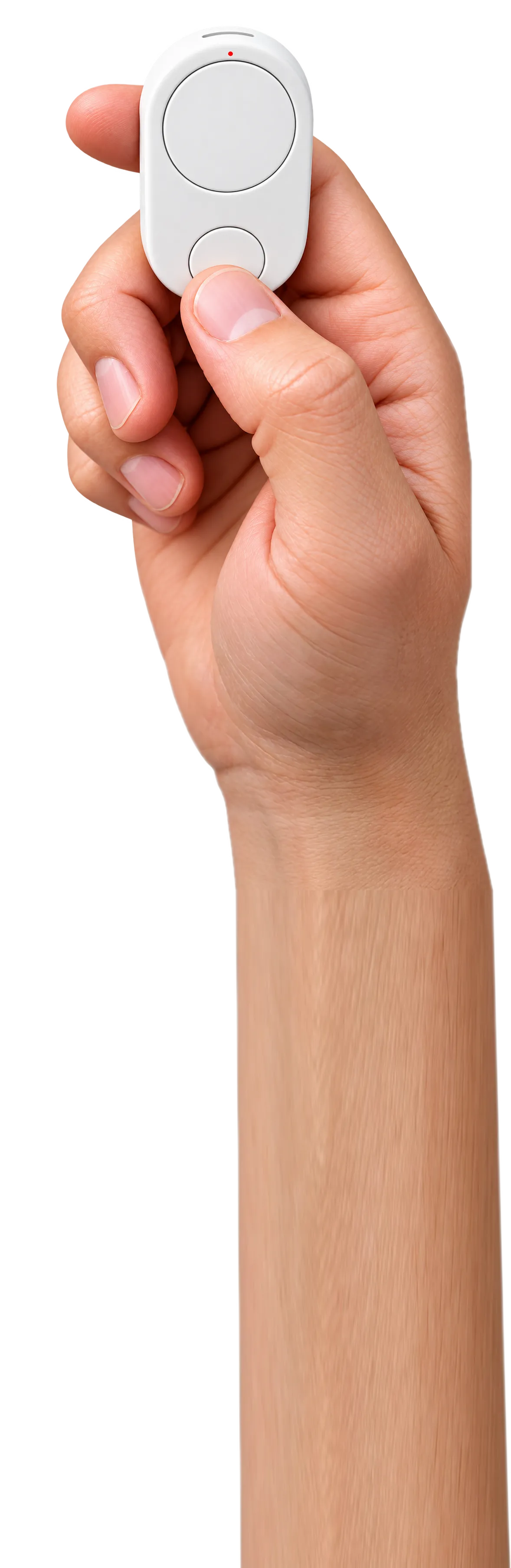 First-person view of a hand holding up a white Flic Cue