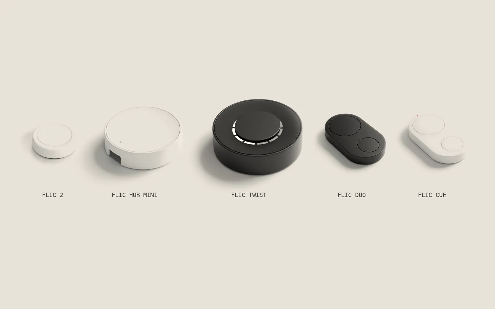 The Flic lineup: Flic 2, Flic Hub Mini, Flic Twist, Flic Duo and Flic Cue