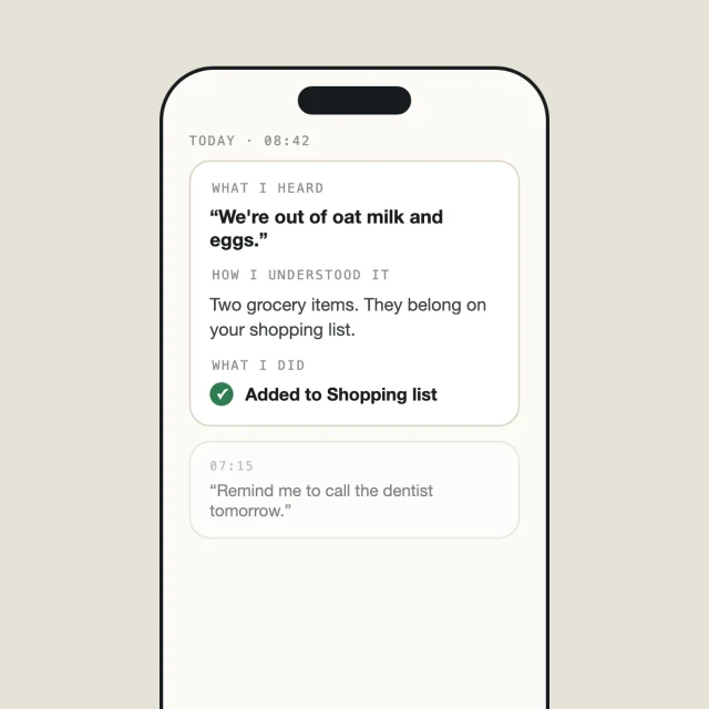 Cue app history entry: what I heard, how I understood it, what I did