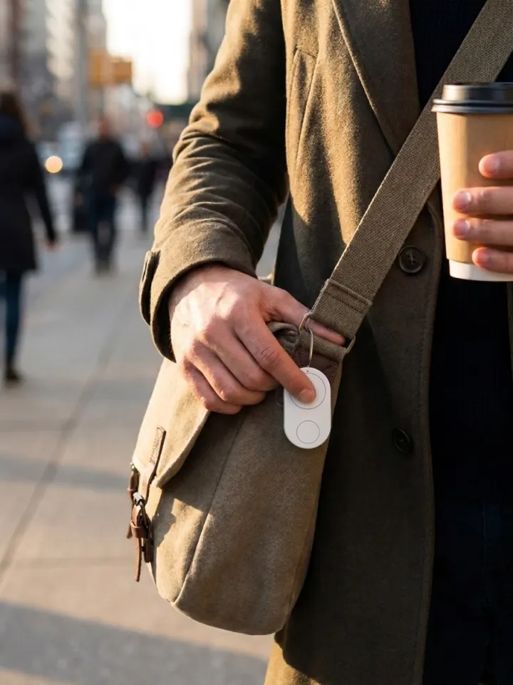 Thumb on a white Flic Cue clipped to a bag strap on a city sidewalk