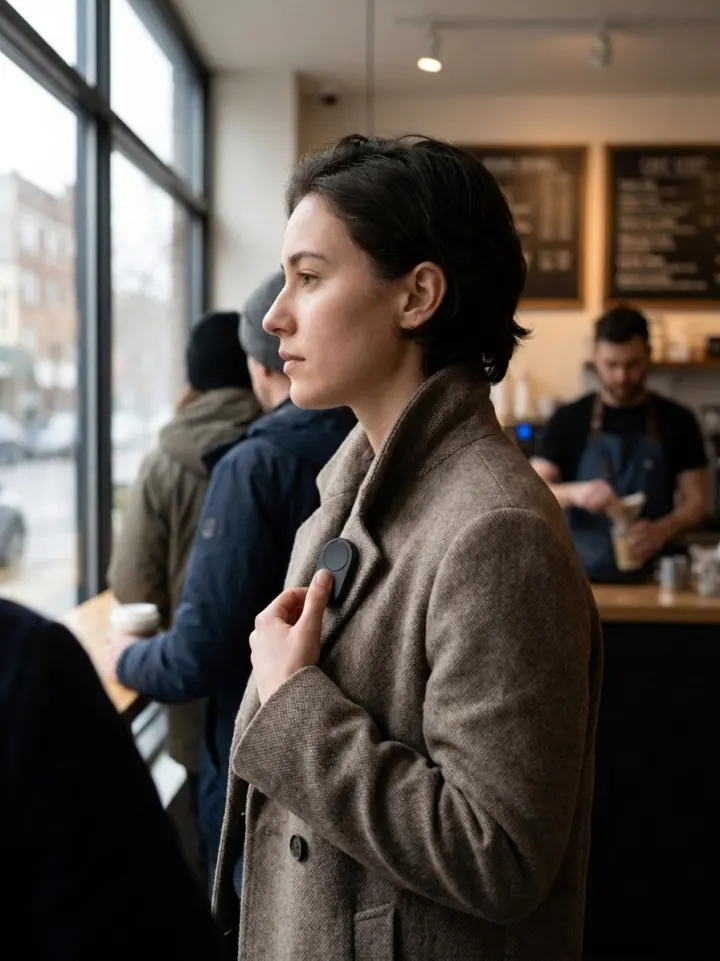 Woman in a café line, thumb on a black Flic Cue on her coat