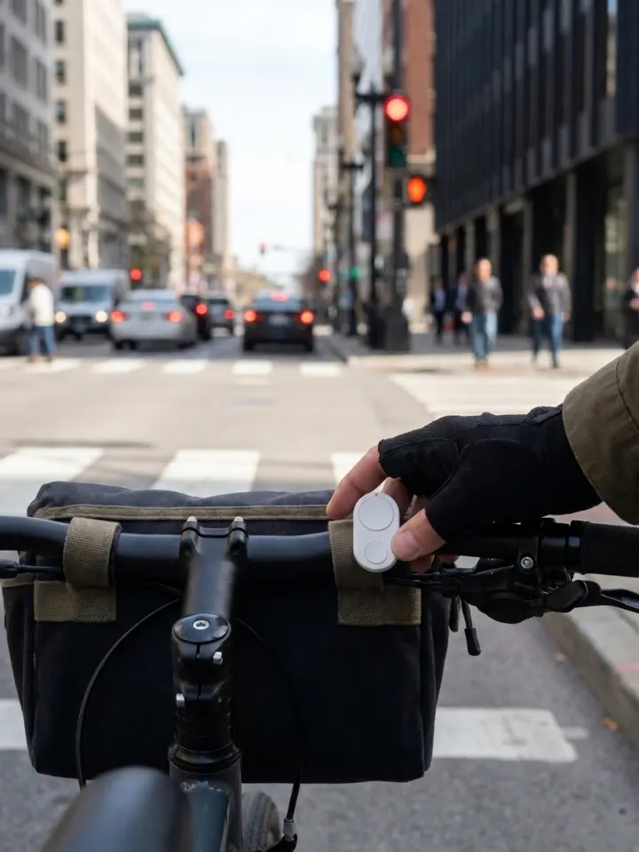 Gloved hand on a white Flic Cue on a bike handlebar bag
