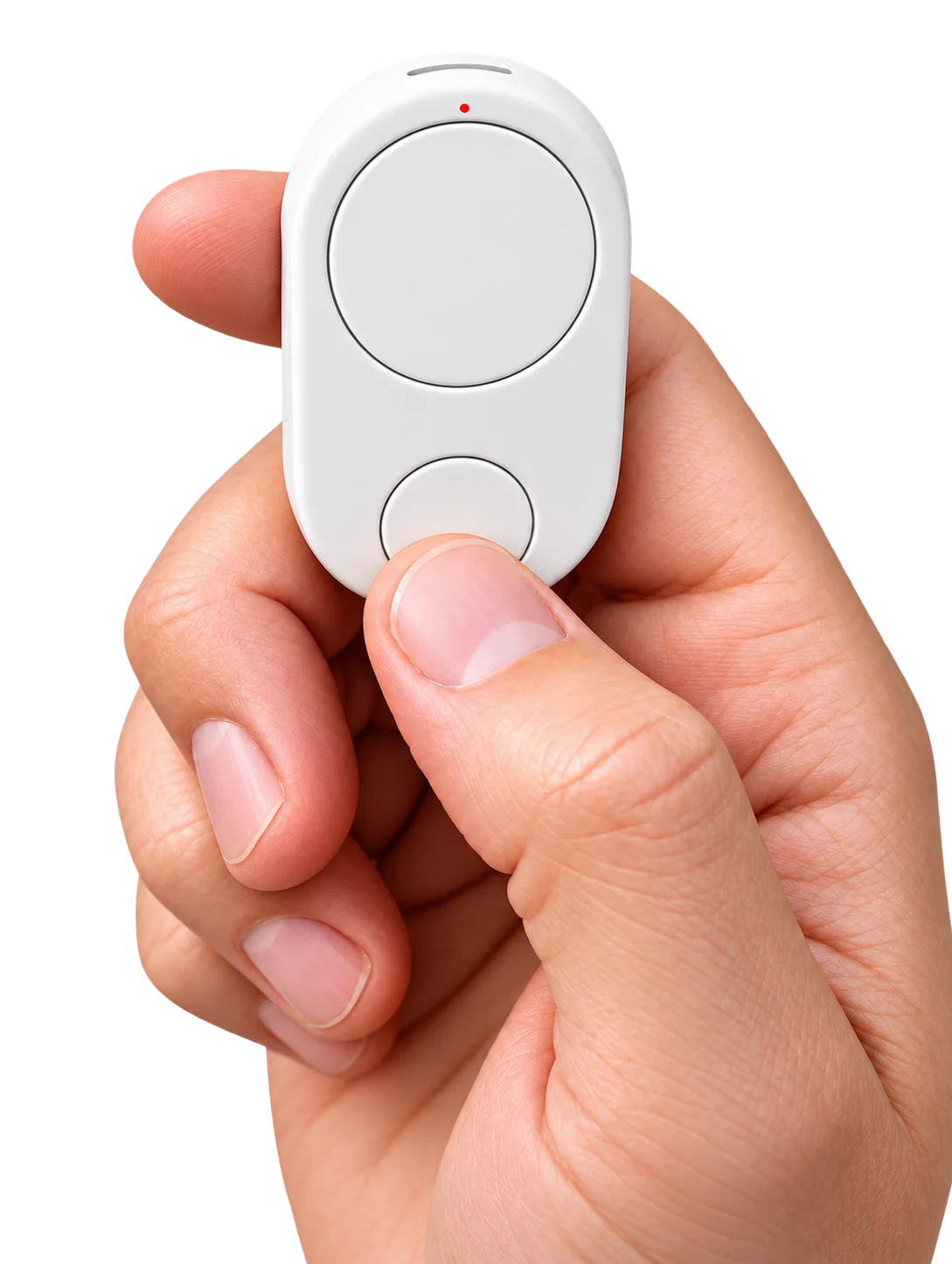 White Flic Cue voice remote held between finger and thumb